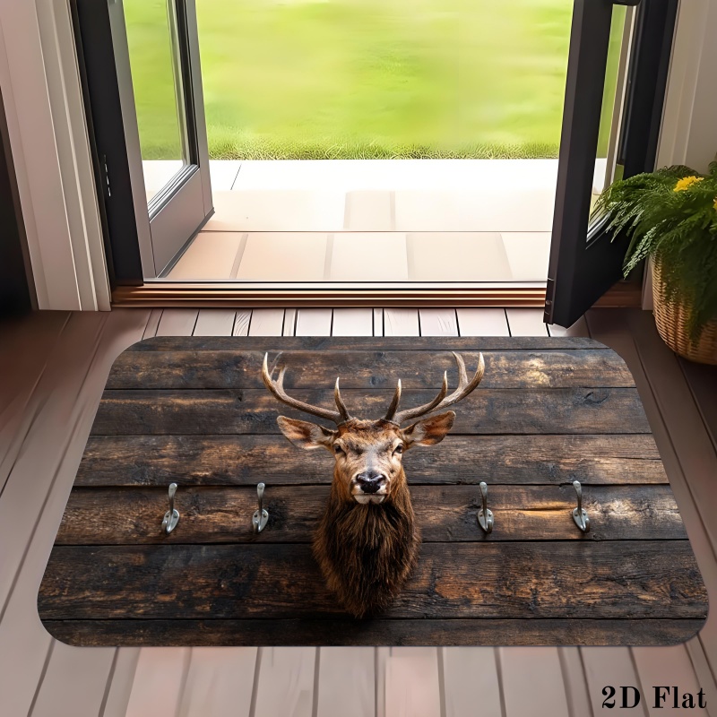Hunting Outdoor Rug - Rustic Deer Head Doormat Wood Texture